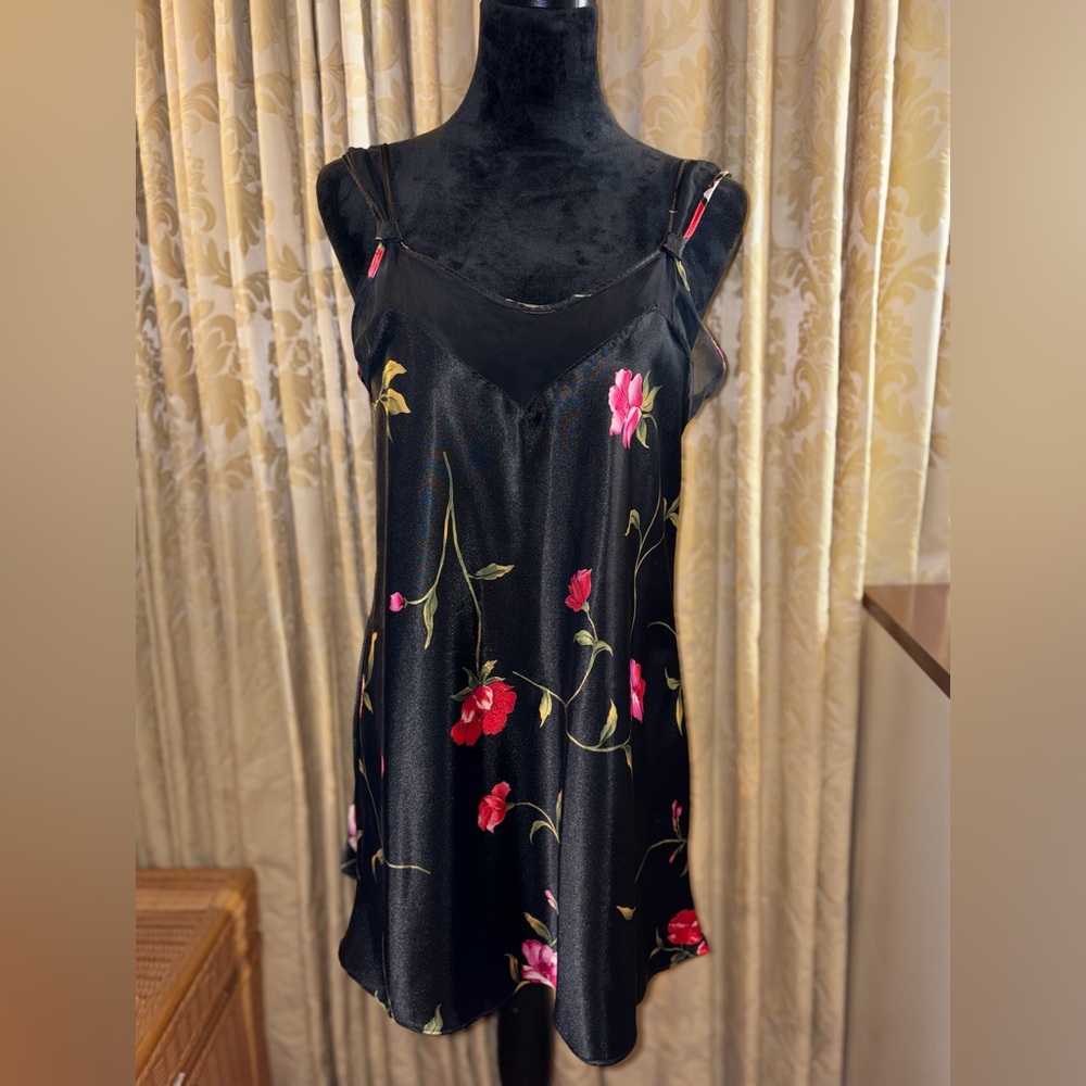 VTG Private Luxuries 90s Slip Dress Black Satin Floral Chemise Nightgown Mesh M
